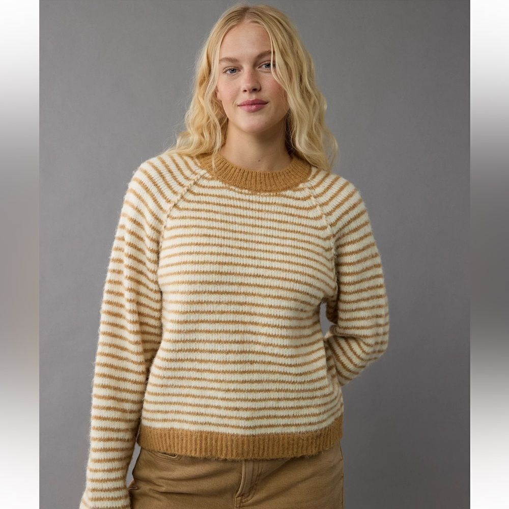 AE Festive Feels White Tan Stripe Super Soft Crew Sweater